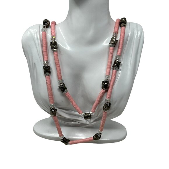 Double Strand Necklace Pink Flat Beads Crystal and Silver Stations - Picture 1 of 6